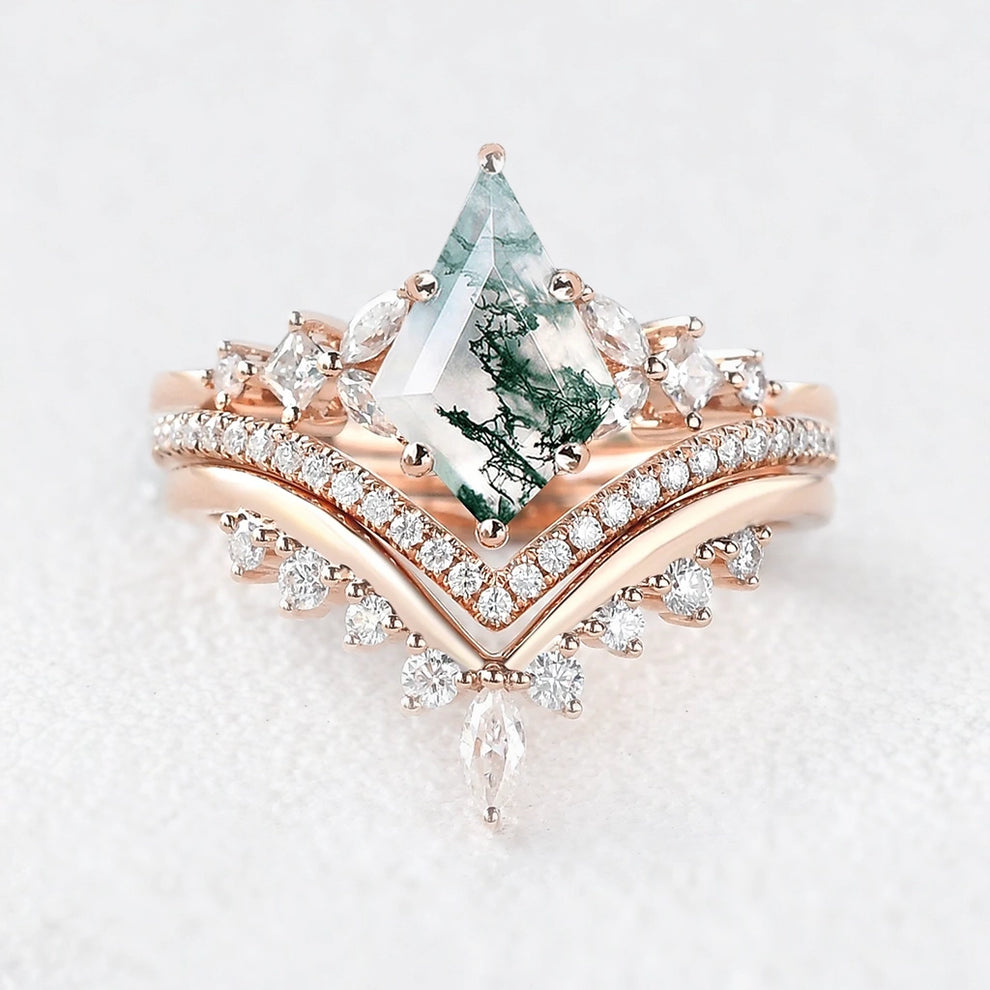 Sylvie’s Cascade | Kite Cut Moss Agate Stacking Bridal Set 3pcs.