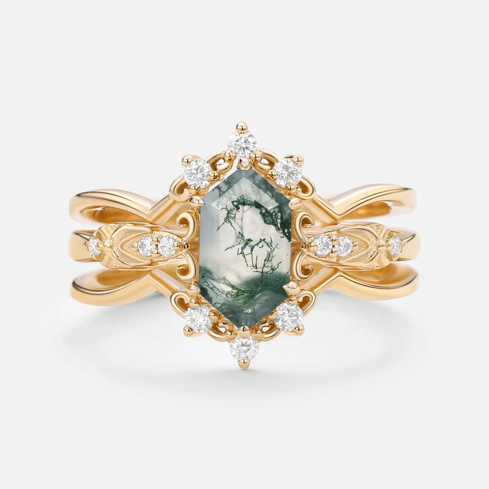 Isolde’s Enclave  | Vintage Long Hexagon Moss Agate & Moissanite Couple Ring Set 3pcs.