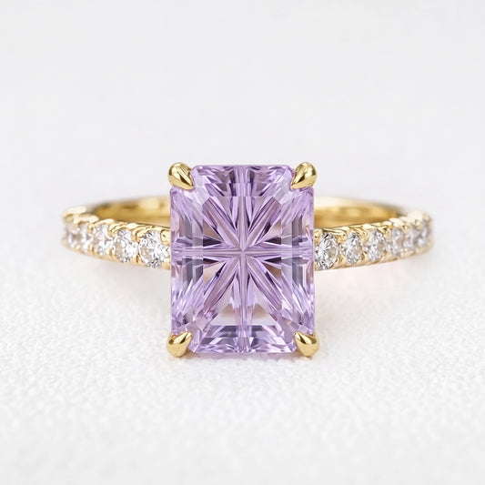 Joséphine’s Wisteria | 3CT Rectangular Fantasy-Cut Lavender Sapphire Solitaire Pavé Engagement Ring
