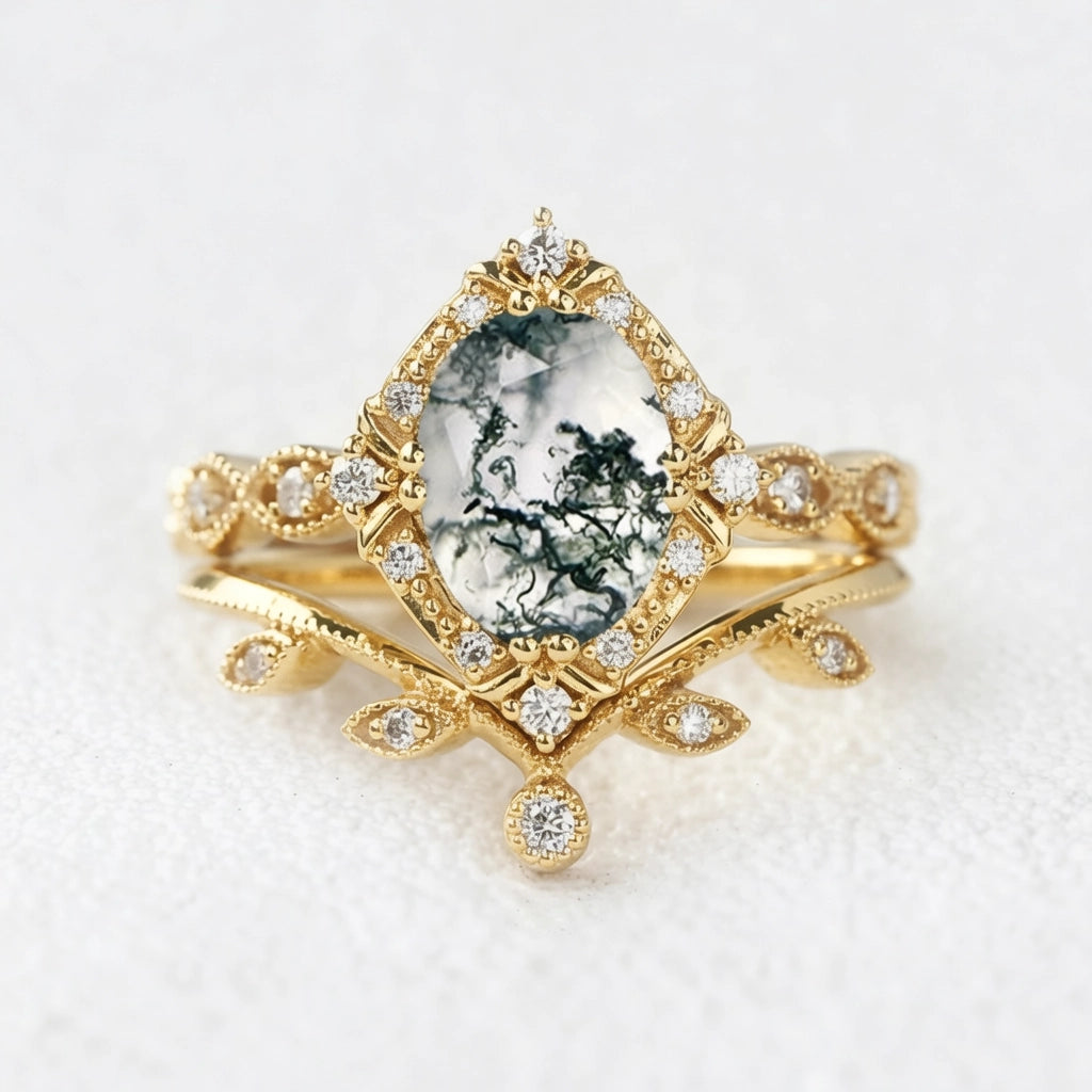 Oval Moss Agate & Moissanite Floral Ring Set 2pcs.