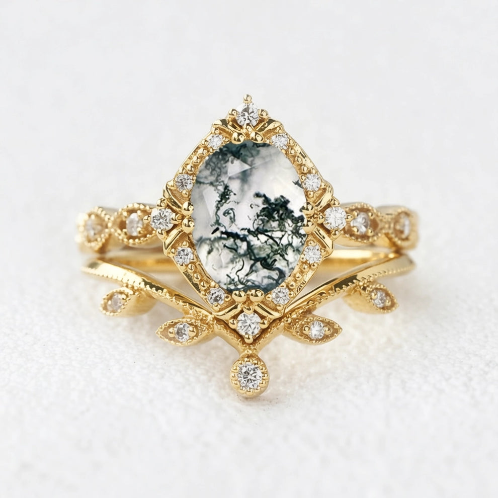 Oval Moss Agate & Moissanite Floral Ring Set 2pcs.
