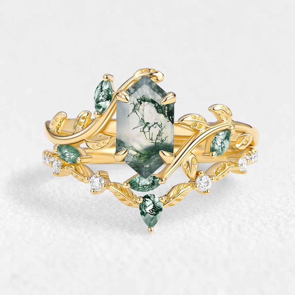 Daphne’s Laurel | Hexagon Cut Moss Agate & Emerald Vine Duo
