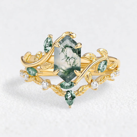 Daphne’s Laurel | Hexagon Cut Moss Agate & Emerald Vine Duo