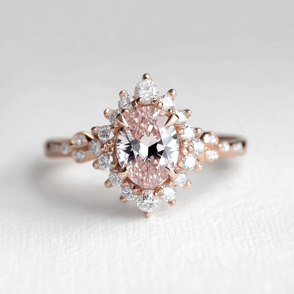 Lyra’s Halo | 1CT Oval Cut Pink Sapphire Halo Engagement Ring.