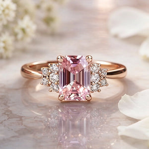 Aurora‘s Halo | 2CT Emerald Cut Pink Gemstone Ring.