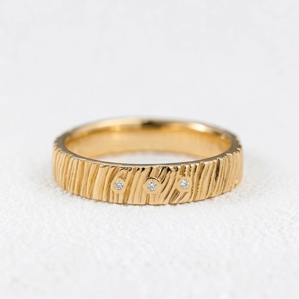 The Grain & Stars | Hand-Carved Wood Texture Band with Diamonds.