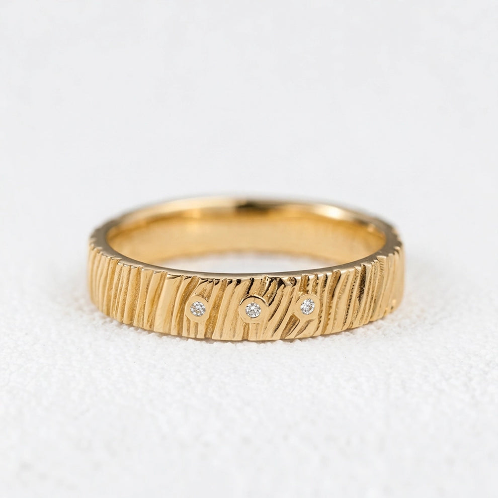 The Grain & Stars | Hand-Carved Wood Texture Band with Diamonds.