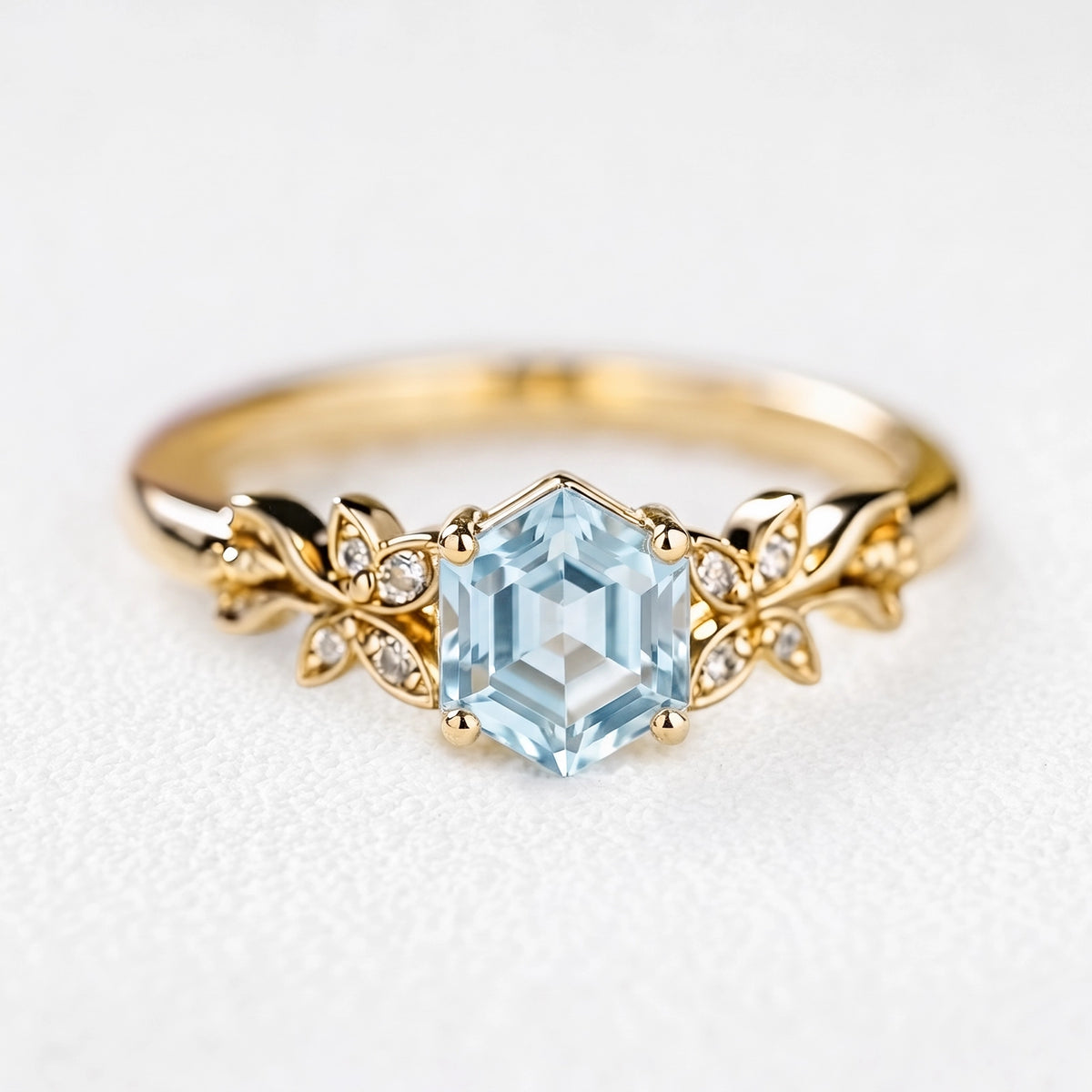 Marina’s Foliage | Hexagon Blue Aquamarine Botanical Engagement Ring