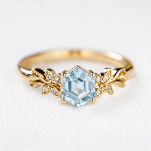 Marina’s Foliage | Hexagon Blue Aquamarine Botanical Engagement Ring