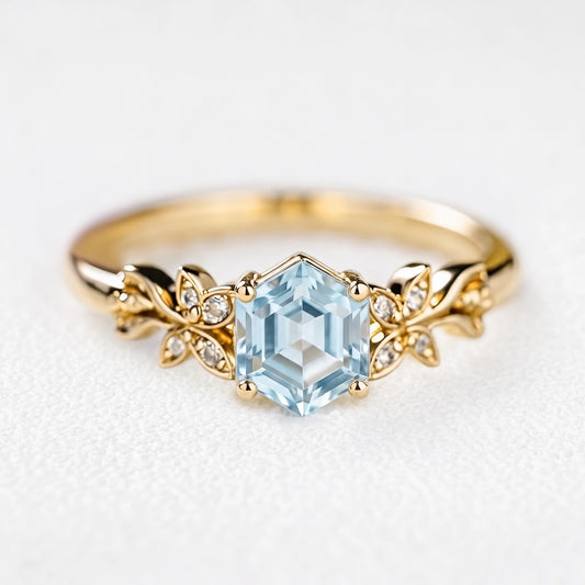 Marina’s Foliage | Hexagon Blue Aquamarine Botanical Engagement Ring