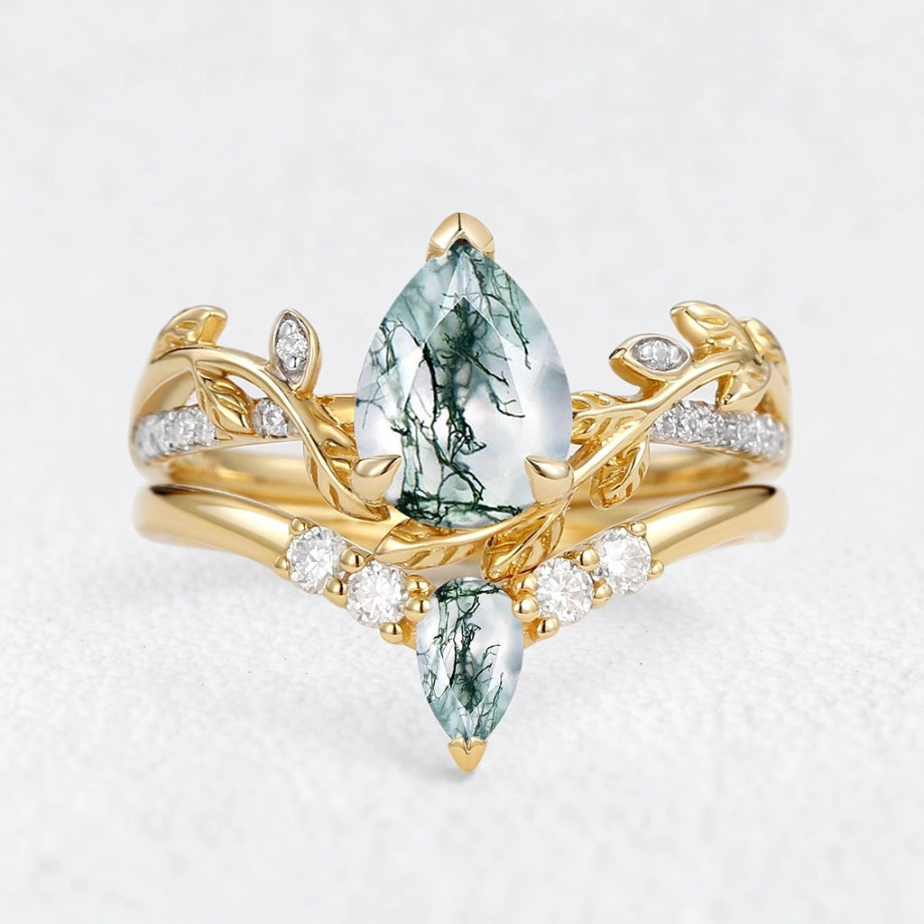 Genevieve’s Foliage | Pear Moss Agate & Moissanite Foliage Bridal Duo