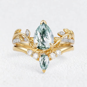 Genevieve’s Foliage | Pear Moss Agate & Moissanite Foliage Bridal Duo