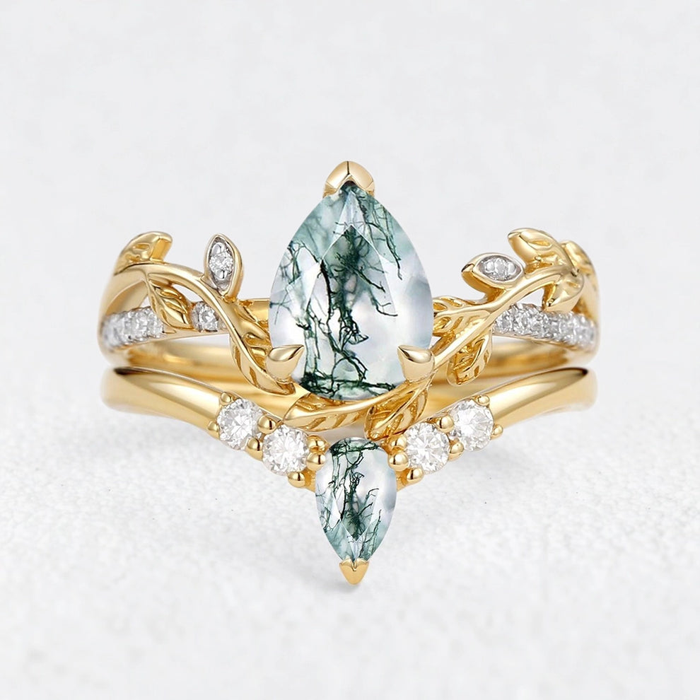 Genevieve’s Foliage | Pear Moss Agate & Moissanite Foliage Bridal Duo
