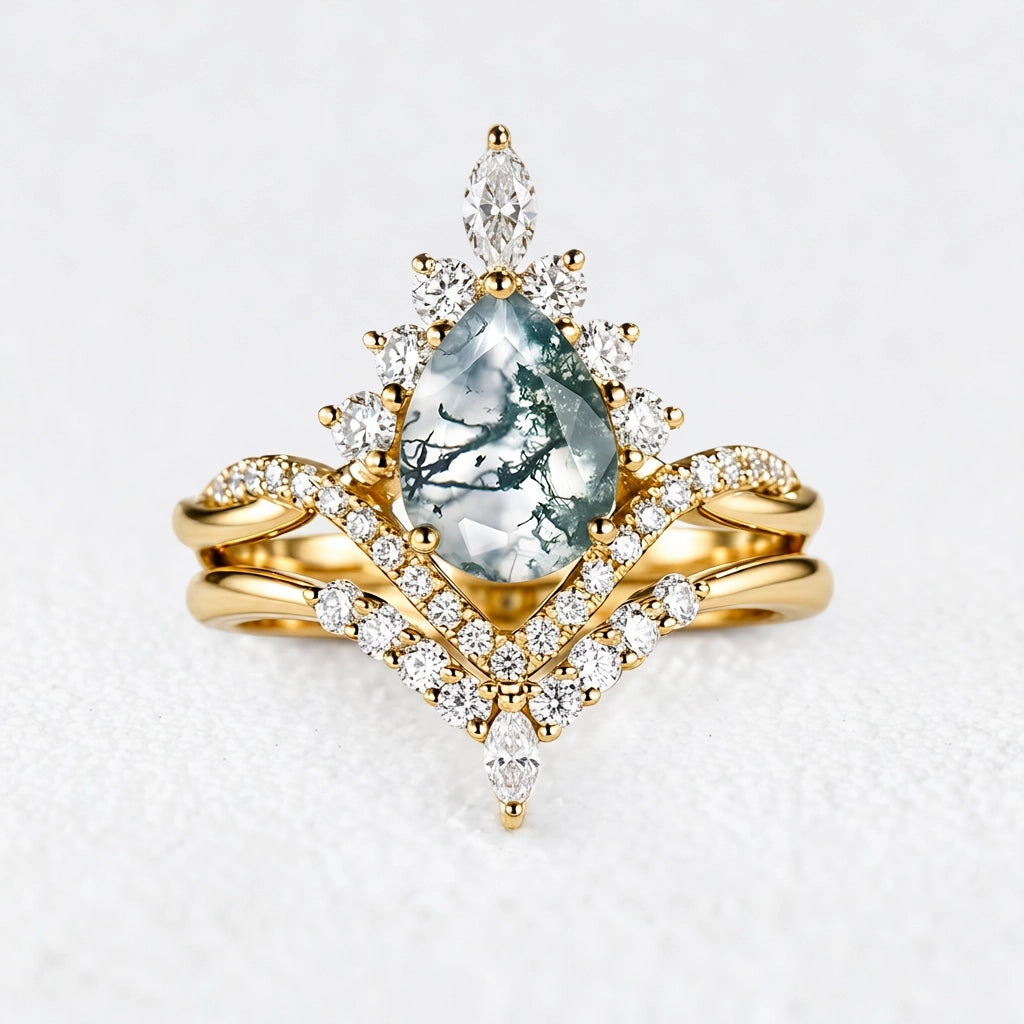 Alexandra’s Meadow | Pear Moss Agate Pavé Bridal Duo