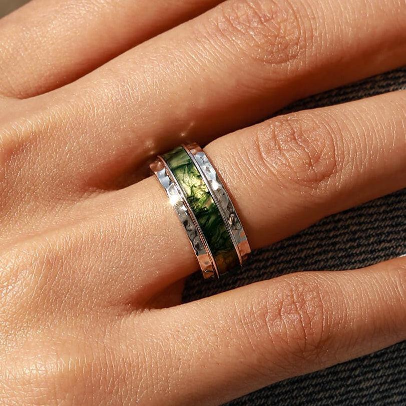 Vidar’s Forge | 8MM Hammered Moss Agate Inlay Men's Wedding Band.