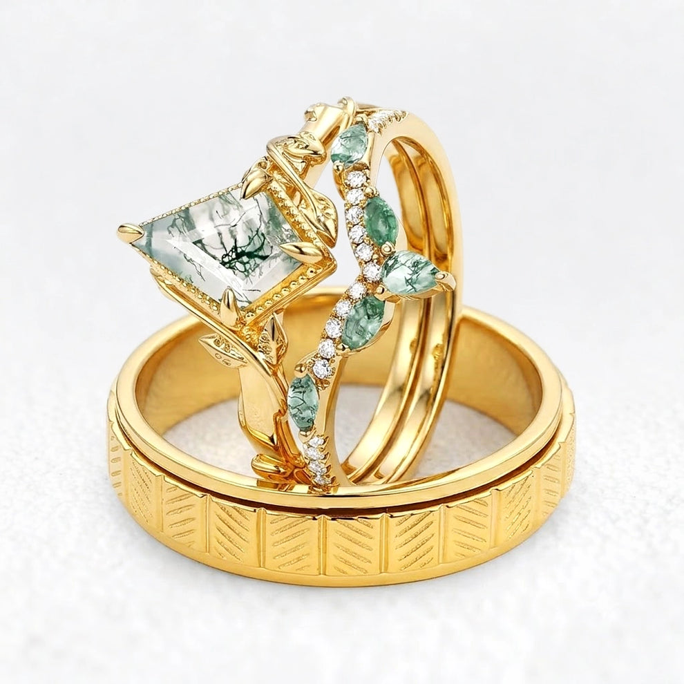 Flora’s Lark Trio | Kite Cut Moss Agate Leafy Couple Ring Set 3pcs