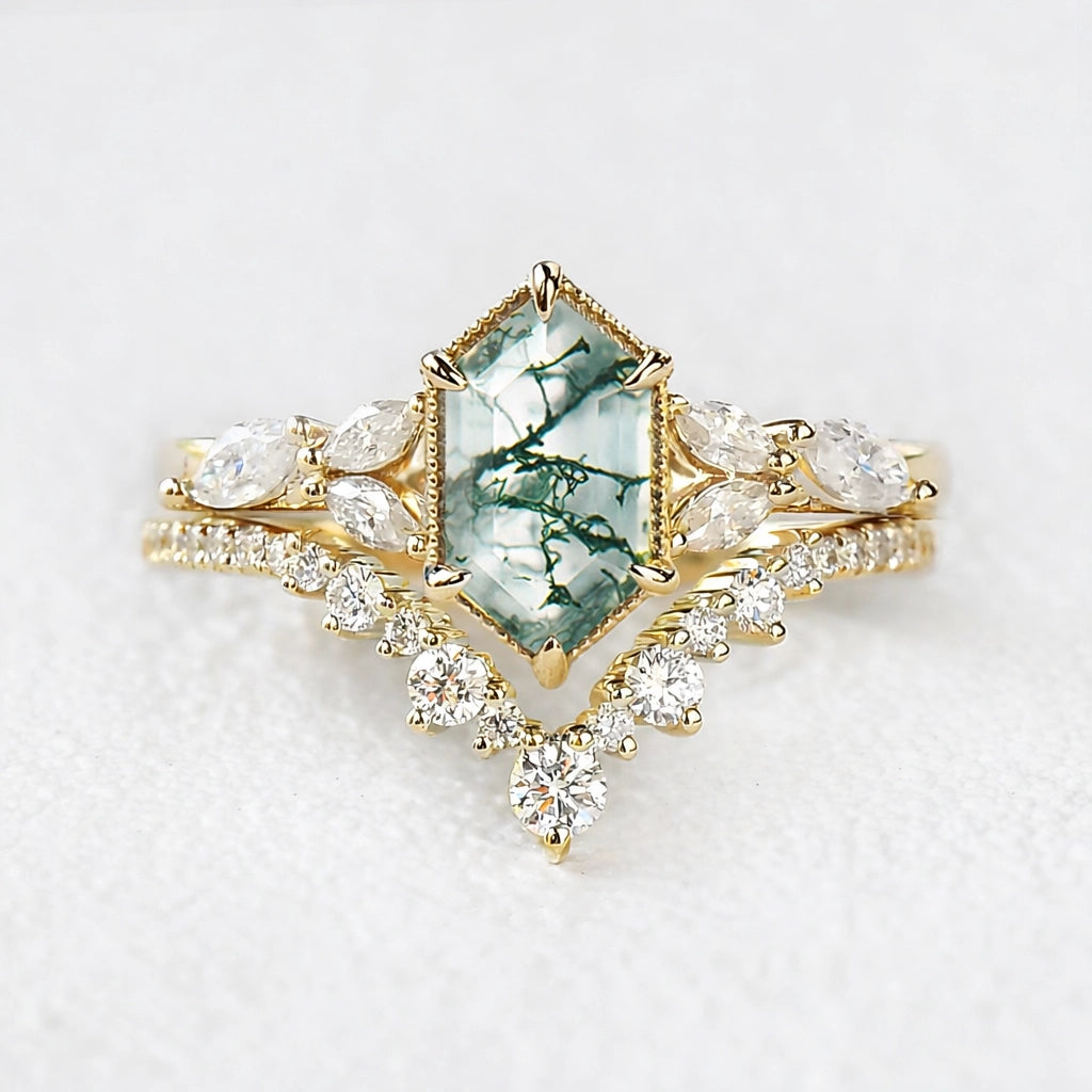Sylvie’s Grove | Vintage Long Hexagon Moss Agate Cluster Bridal Set 2pcs.