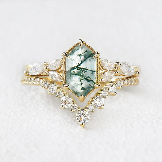 Sylvie’s Grove | Vintage Long Hexagon Moss Agate Cluster Bridal Set 2pcs.