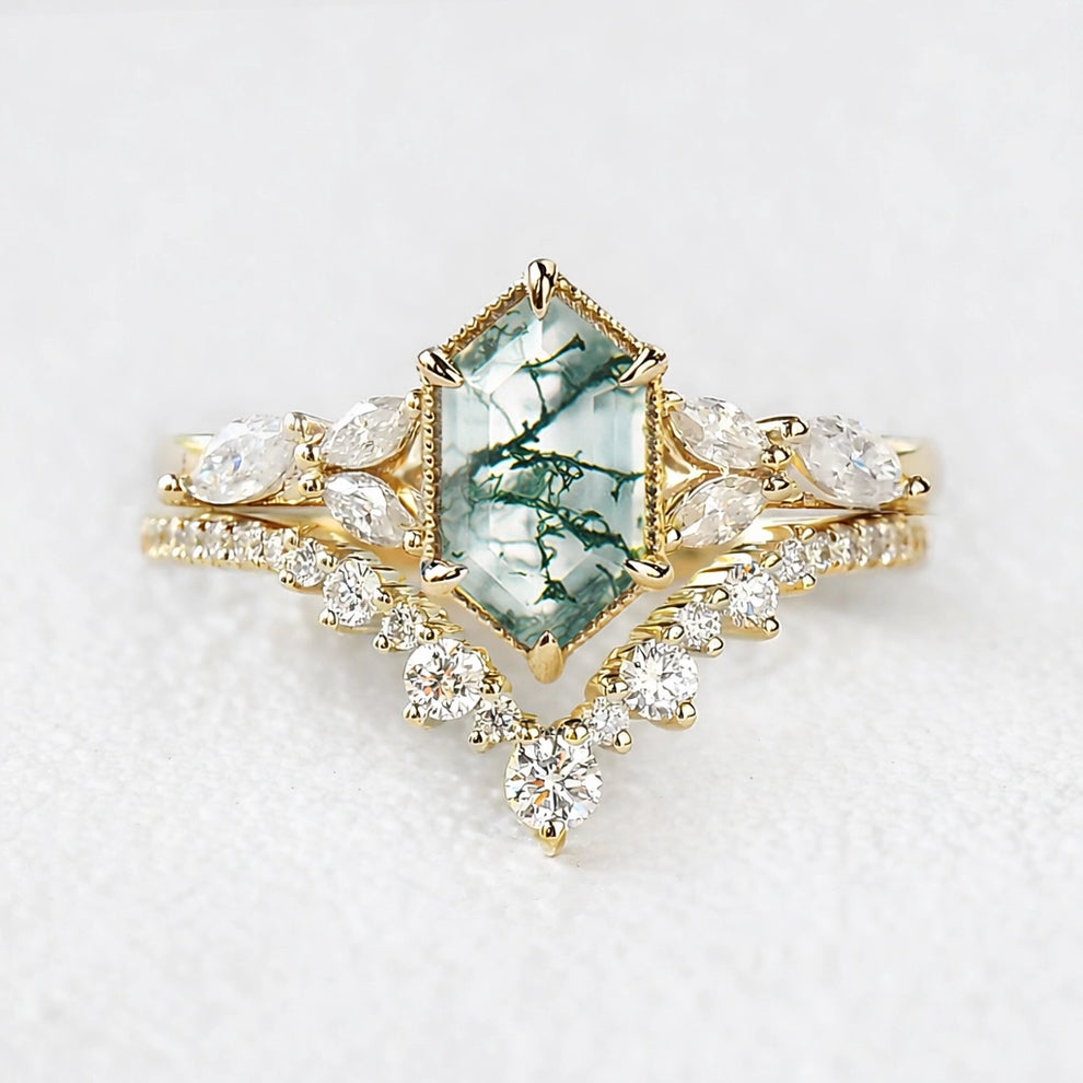 Sylvie’s Grove | Vintage Long Hexagon Moss Agate Cluster Bridal Set 2pcs.