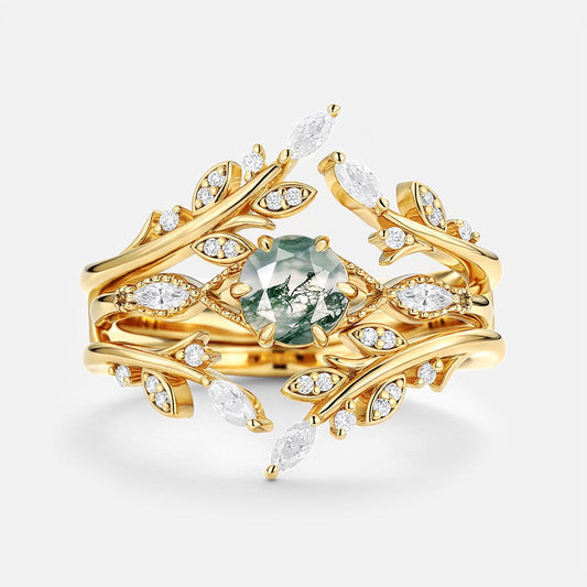 Zinnia’s Thicket | Round Cut Moss Agate Leafy Cage Bridal Set 2pcs.