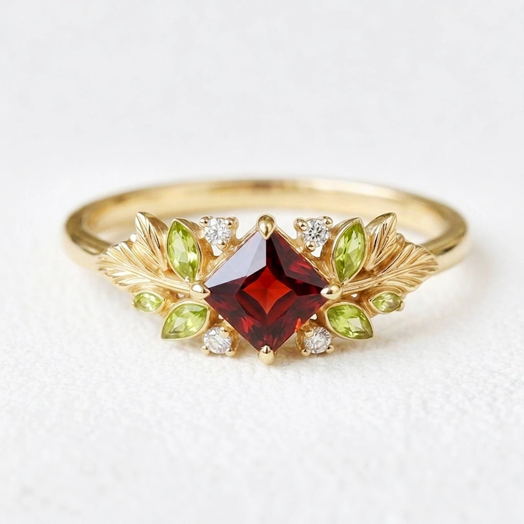 Scarlett’s Harvest | Square Leafy Red Garnet Engagement Ring.