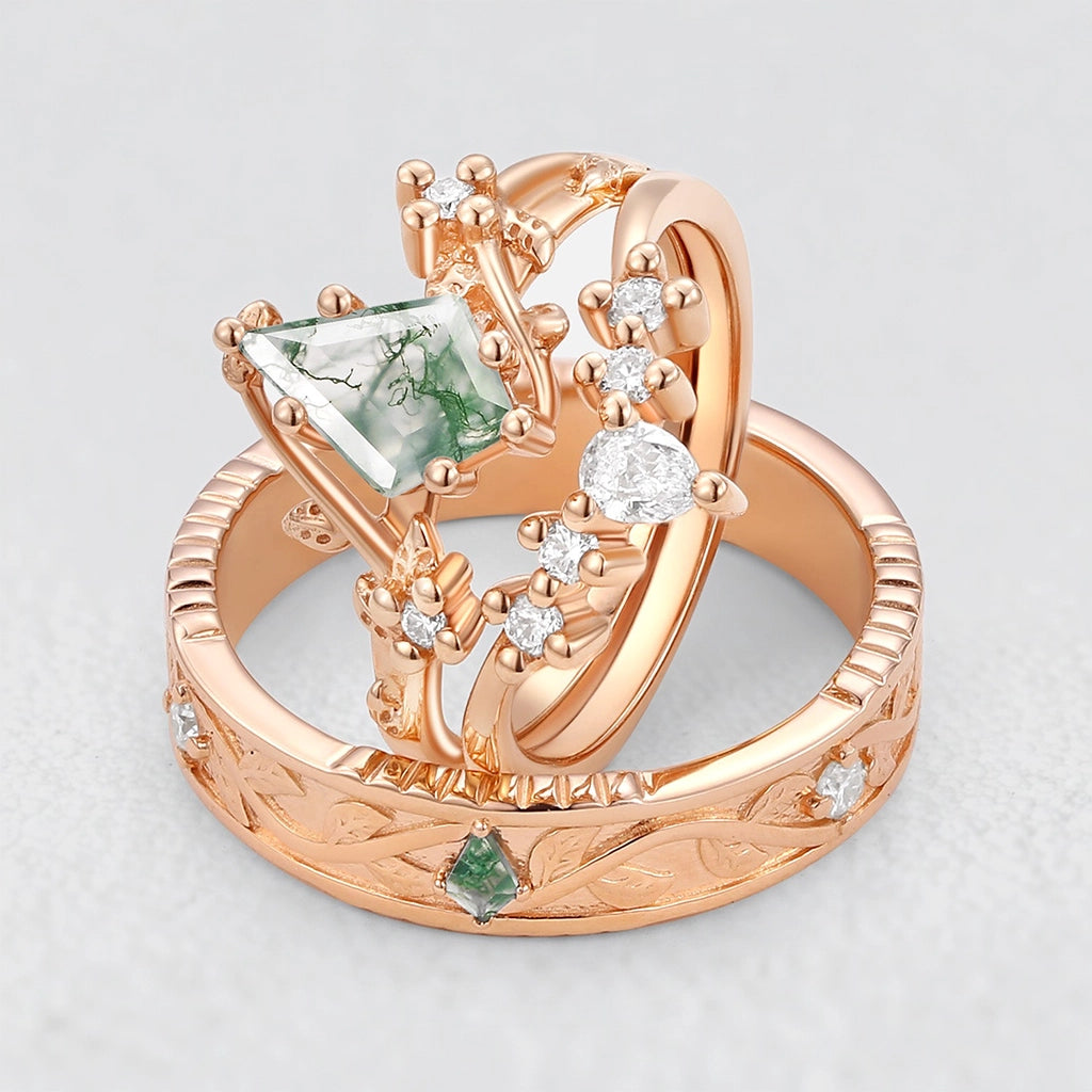 Pomona’s Bosk | Unique Kite Cut Moss Agate Leafy Couple Ring Set 3pcs.