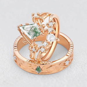 Pomona’s Bosk | Unique Kite Cut Moss Agate Leafy Couple Ring Set 3pcs.