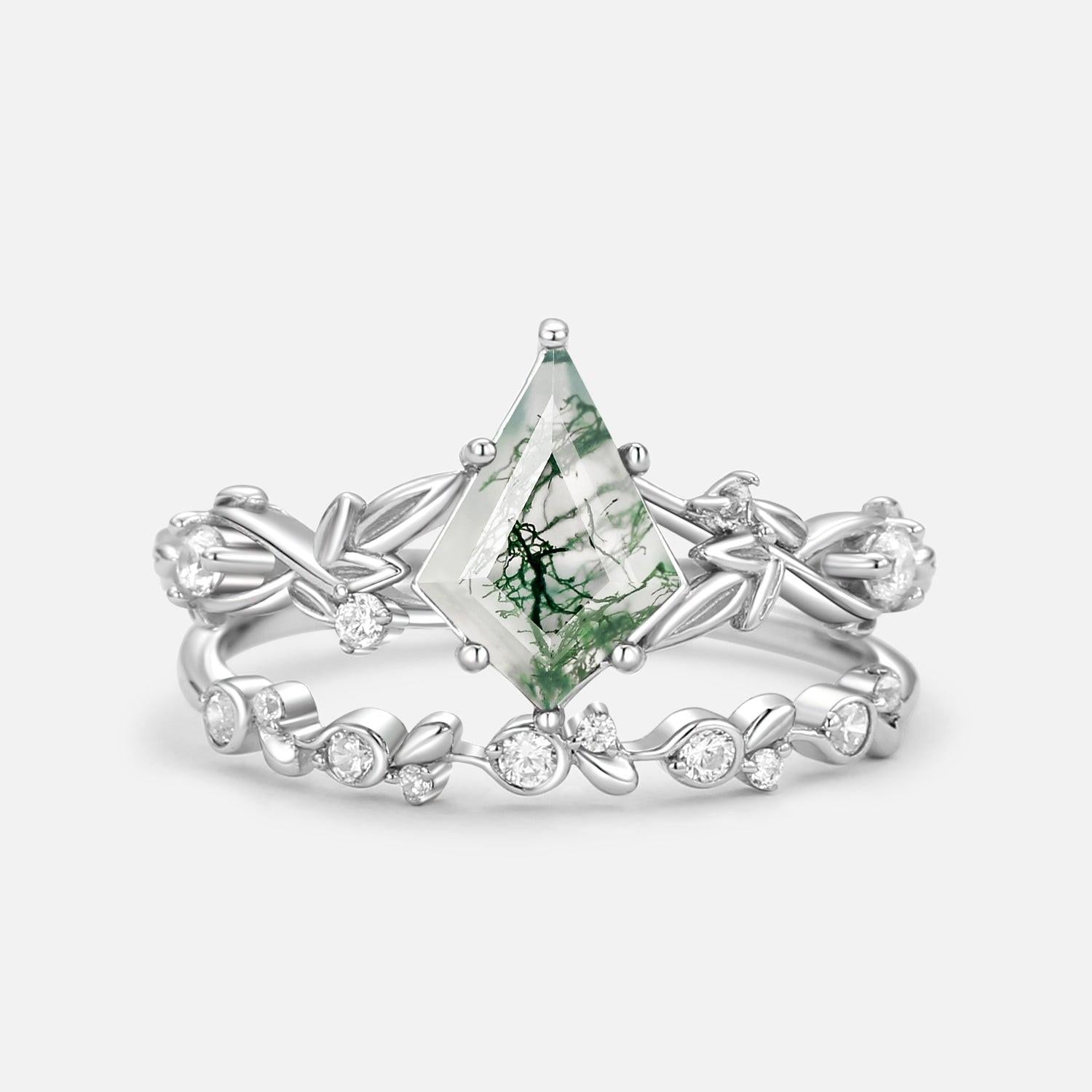 Leafy Kite Cut Moss Agate Engagement Ring & Straight Band Sets 2pcs.