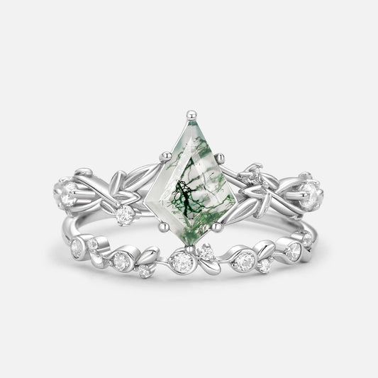 Leafy Kite Cut Moss Agate Engagement Ring & Straight Band Sets 2pcs.