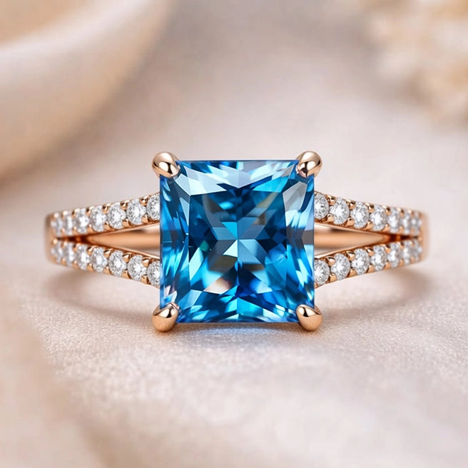 Aurora’s Gleam | 2CT Princess Cut Blue Sapphire Ring.