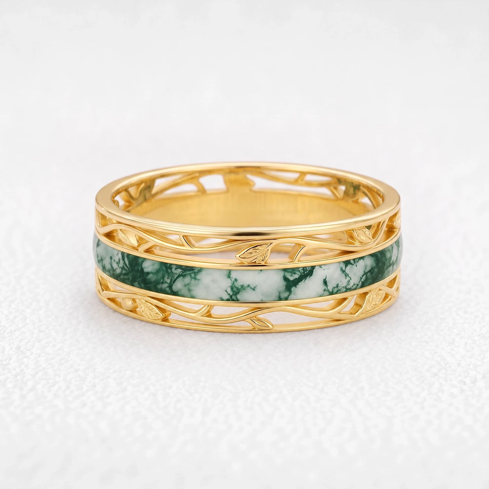 Seraphina‘s Aureole | 1CT Marquise Diamond Chevron & Moss Agate Inlay Band Couple Set Trio