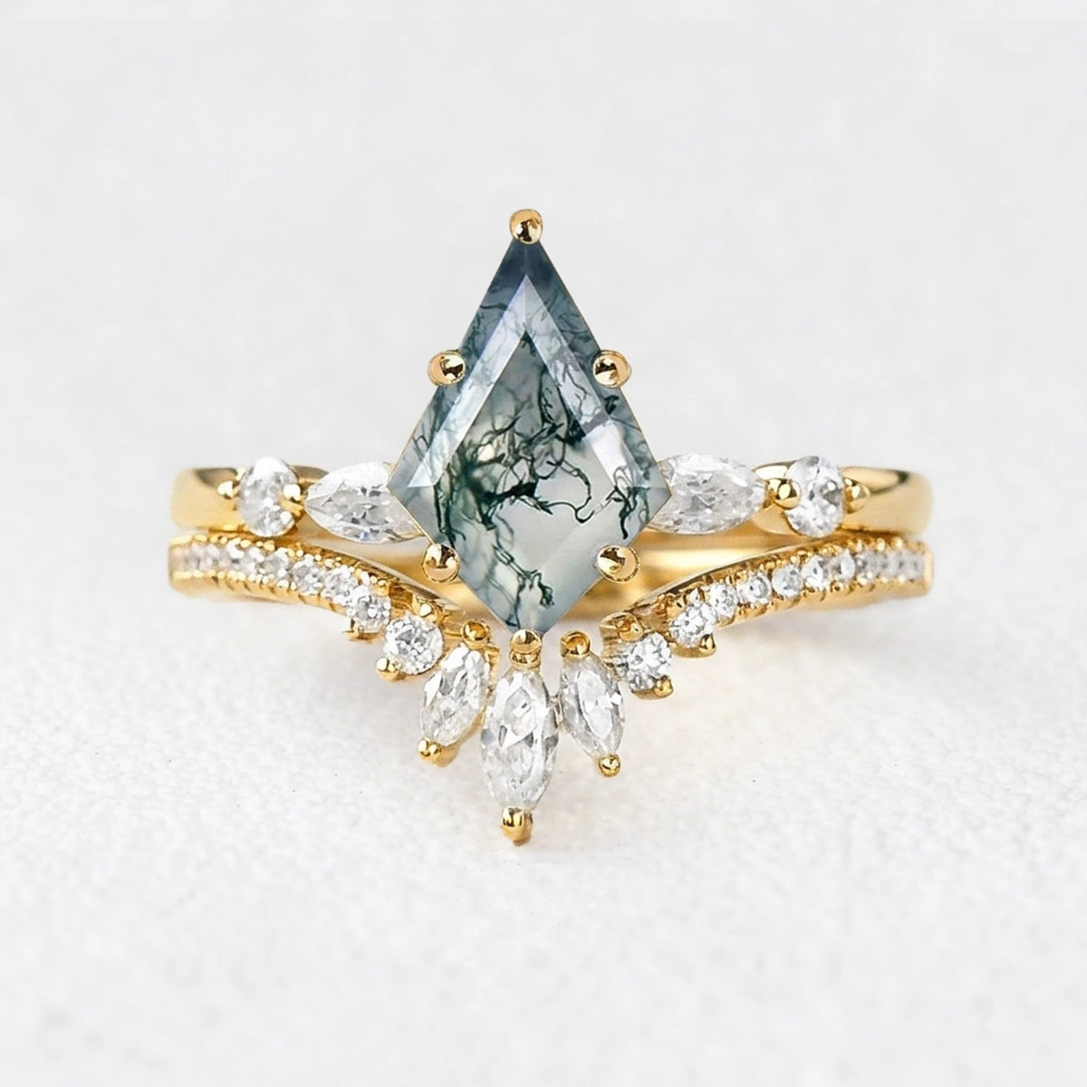 Seraphina's Whisper | Kite Cut Moss Agate Chevron Bridal Duo