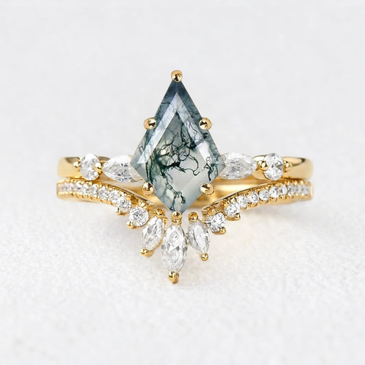 Seraphina's Whisper | Kite Cut Moss Agate Chevron Bridal Duo