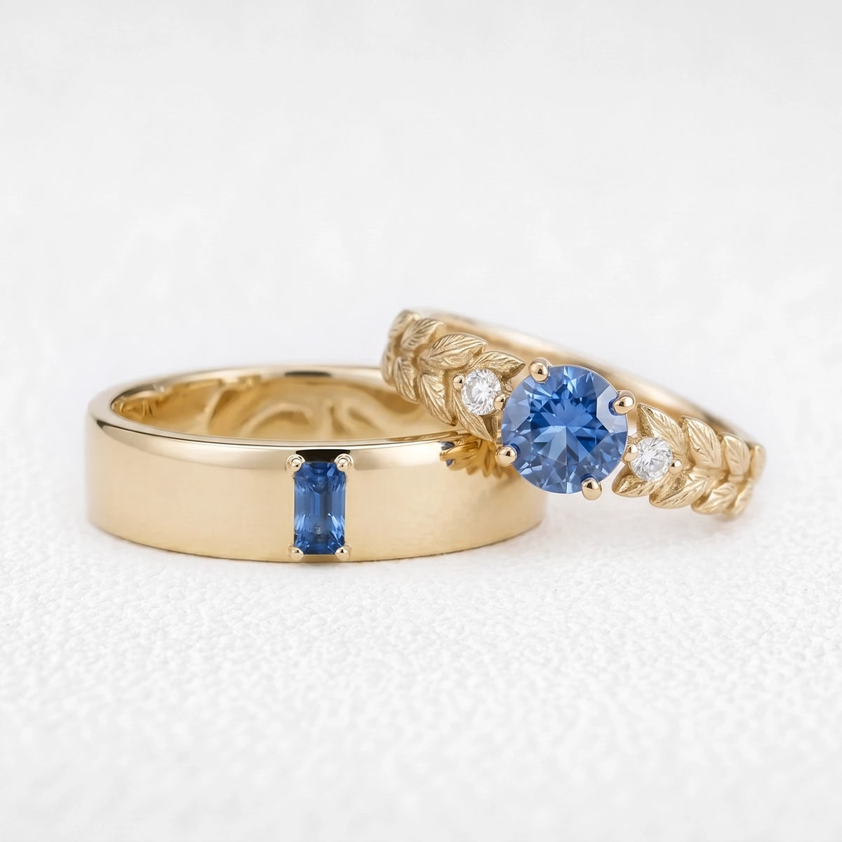 Iris’s Sonnet | Blue Sapphire Solitaire & Inner Engraved Band Couple Set