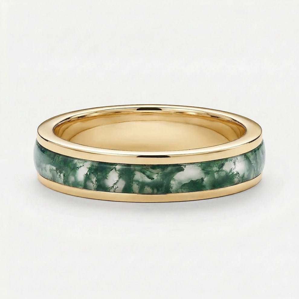 Evergreen Vows | Oval Moss Agate Leaf Veil Black Gold Couple Set 3pcs.