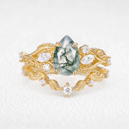 Rosalind’s Heirloom | Pear Cut Moss Agate Leafy Vintage Bridal Set 2pcs