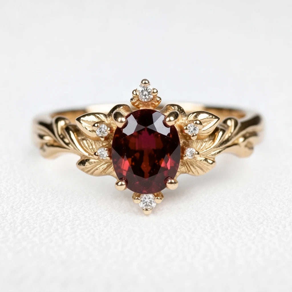 Aurora‘s Crimson | 1.5CT Oval Garnet Vintage Engagement Ring