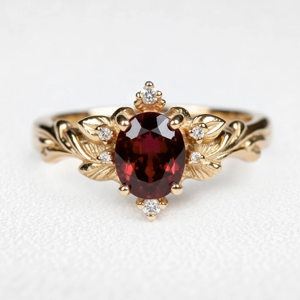 Aurora‘s Crimson | 1.5CT Oval Garnet Vintage Engagement Ring