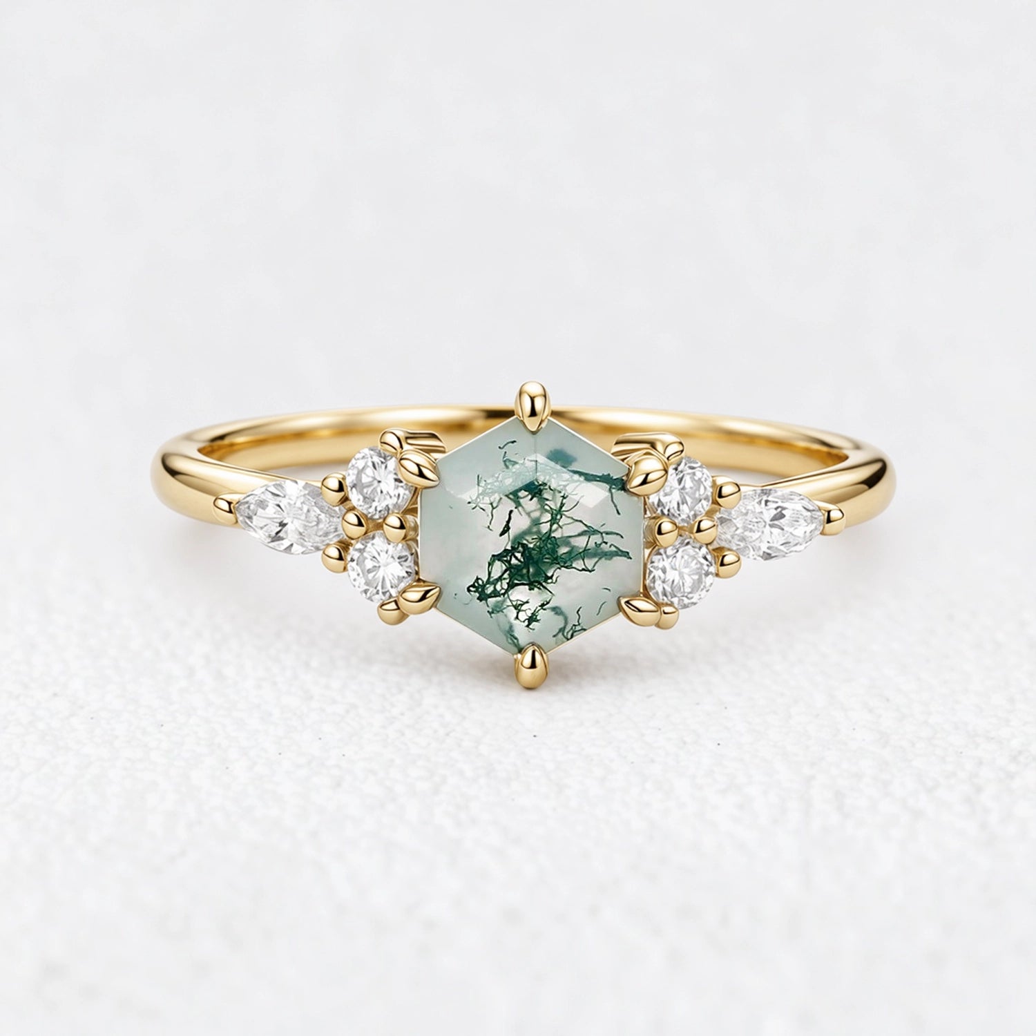 Hazel‘s Glade | Hexagon Moss Agate Cluster Engagement Ring