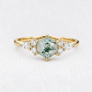 Hazel‘s Glade | Hexagon Moss Agate Cluster Engagement Ring