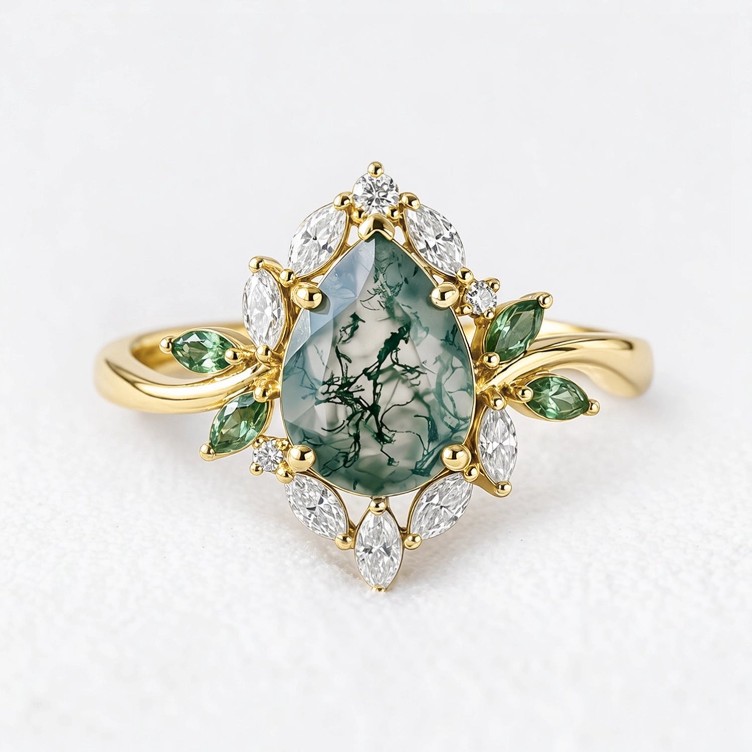Daphne's Bloom | Pear Moss Agate & Diamond Cluster Engagement Ring