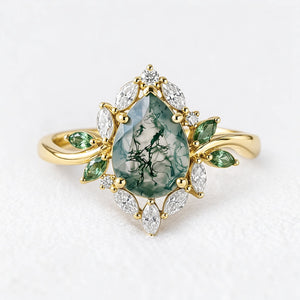 Daphne's Bloom | Pear Moss Agate & Diamond Cluster Engagement Ring