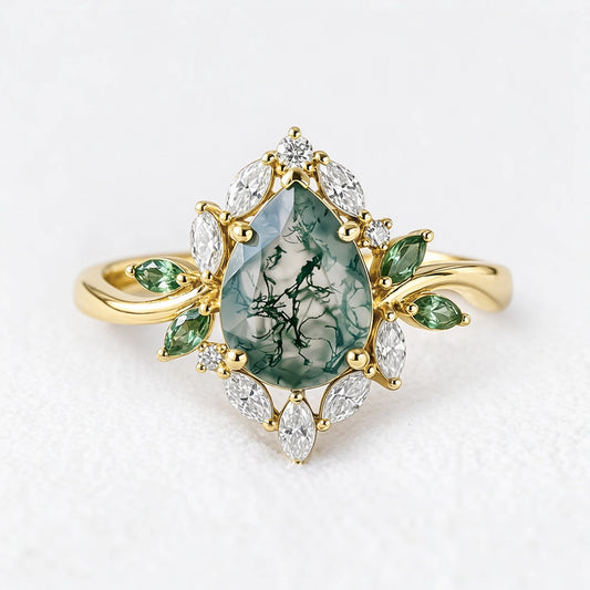 Daphne's Bloom | Pear Moss Agate & Diamond Cluster Engagement Ring