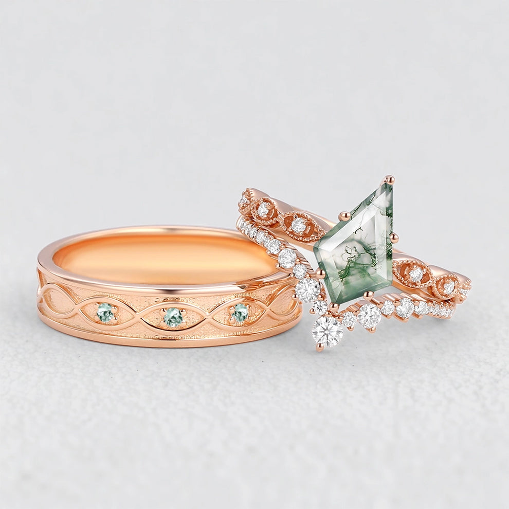 Thalia’s Glade | Vintage Kite Cut Moss Agate Couple Ring Set 3pcs.