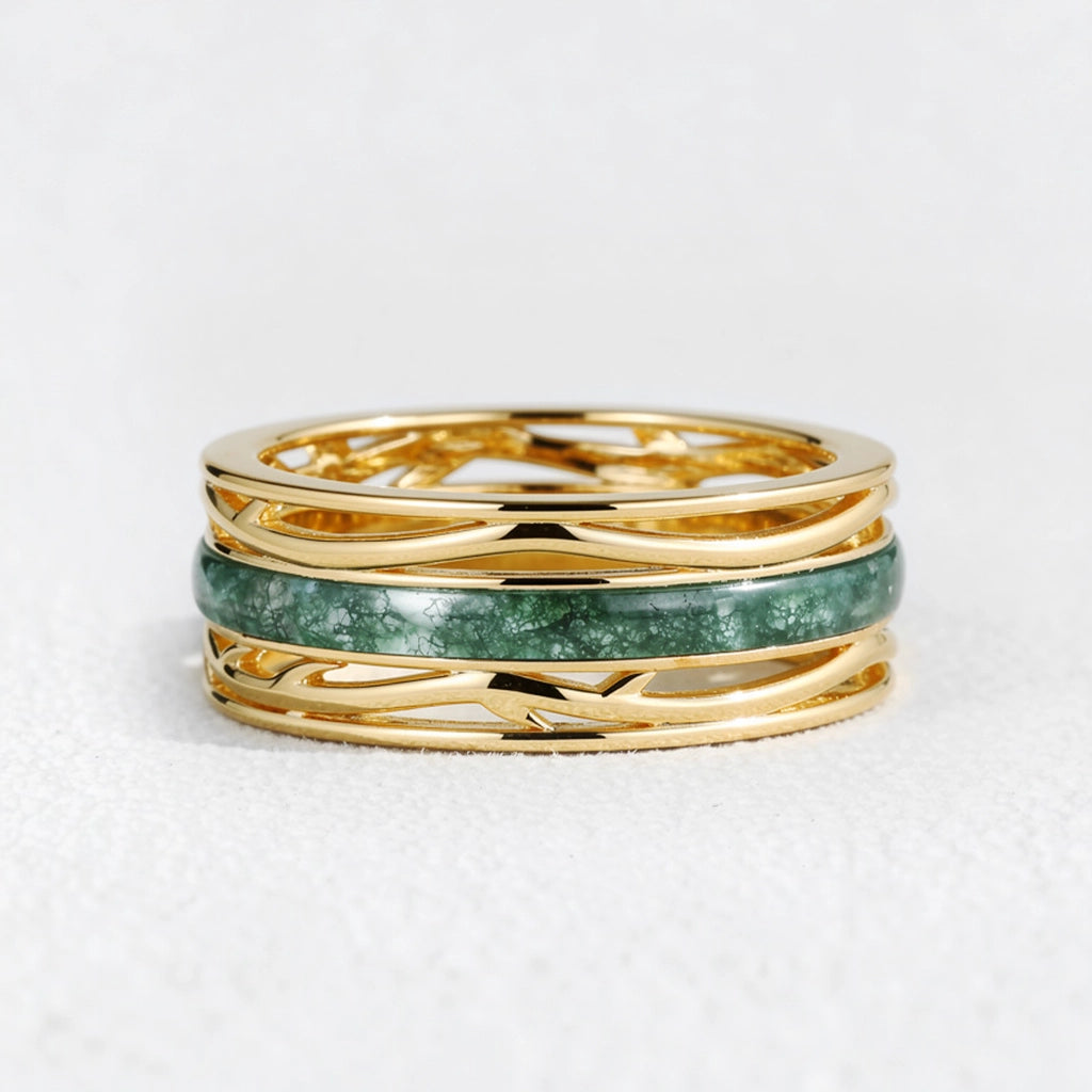 Odin’s Dominion | 8MM Moss Agate Men’s Ring with Openwork Branch Sides.
