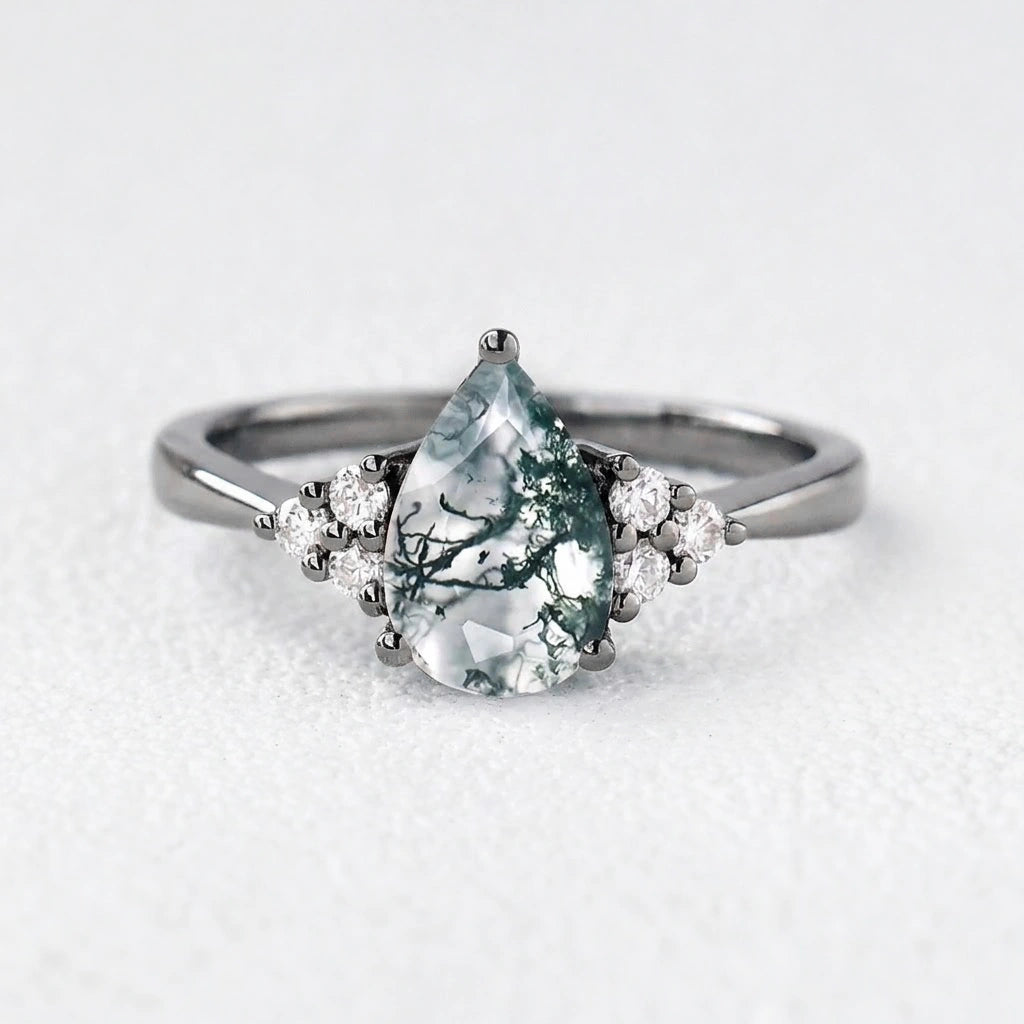 Sylvie’s Dew | Classic Pear Moss Agate Ring with Diamond Accents