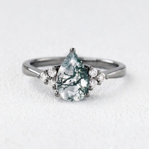 Sylvie’s Dew | Classic Pear Moss Agate Ring with Diamond Accents