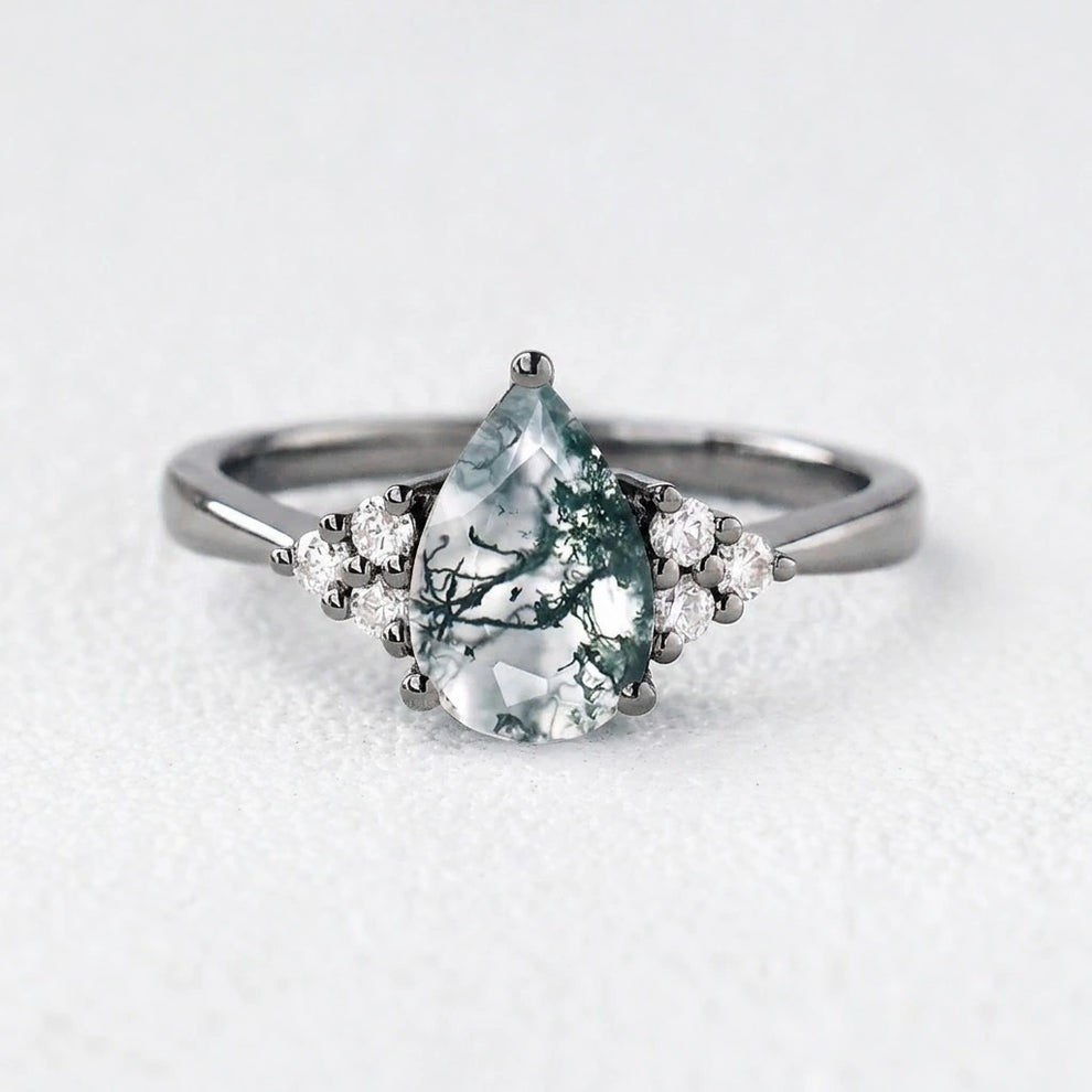 Sylvie’s Dew | Classic Pear Moss Agate Ring with Diamond Accents