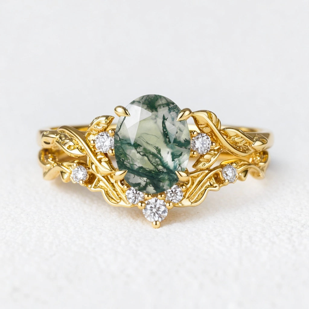 Rosalind’s Arbor | Oval Cut Moss Agate Leaf Branch Bridal Set 2pcs