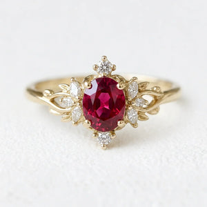 Roselight Briar | Oval Ruby Engagement Ring with Scattered Diamond Leaves